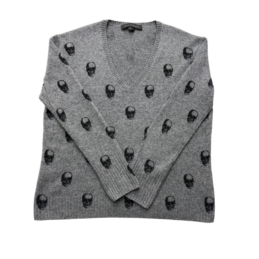 Skull Cashmere Sweater Womens XS Gray 100% Cashmere Skull‎ Print V-Neck Pullover
